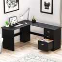 SHW 51 x 59 Inches L-Shaped Home Office Wood Corner Desk with Box Box File Drawers, Black