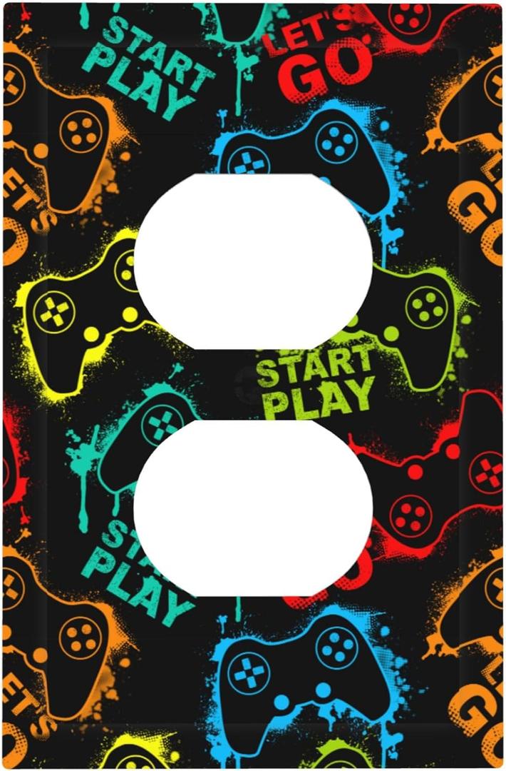 Gaming Outlet Cover Plate, 1-Gang Duplex Receptacle Video Game Controller Graffiti Decorative Wall Plate, Modern Edge Wall Plate, Matching Screws Included, 5.0" x 3.0"