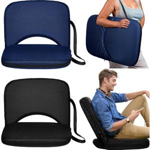 Thyle 2 Pcs Stadium Seats with Back Support, Folding Stadium Seats for Bleachers with 20 in Wide Cushion Waterproof Floor Chair 6 Reclining Positions Portable Recliner for Indoor Outdoor (Black, Blue)