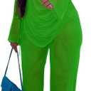 EDITCOZY Women Mesh Sheer 3pcs Outfits Long Sleeve Top Long Pant Bikini Cover Up (Large, Green)