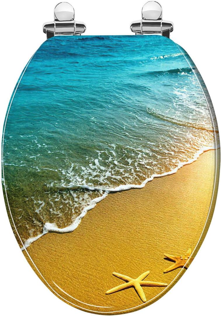Elongated Toilet Seat sand wave Resin Toilet Seat with Quietly Close Quick Release Hinges Decorative Toilet Seat with Cover Easy to Clean and Install Beach Theme Decor Nautical Decor