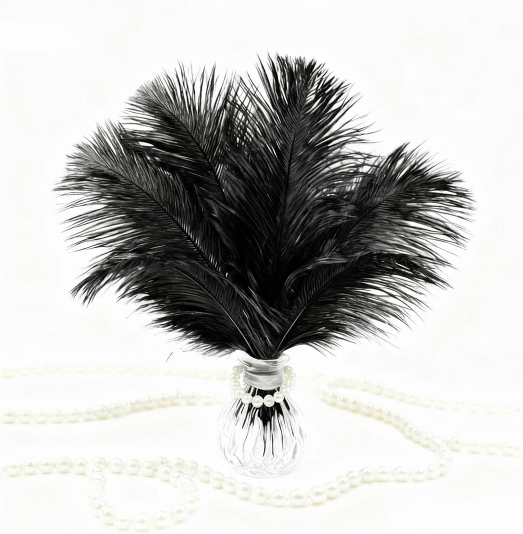 AceOrbit 24pcs Natural Black Ostrich Feathers 10-12inch with 12 Pack Faux Pearl Necklace Bulk Long Pearl Women's Jewelry 1920S Party Favor Centerpieces Wedding Bridal Shower Tea Birthday Decorations