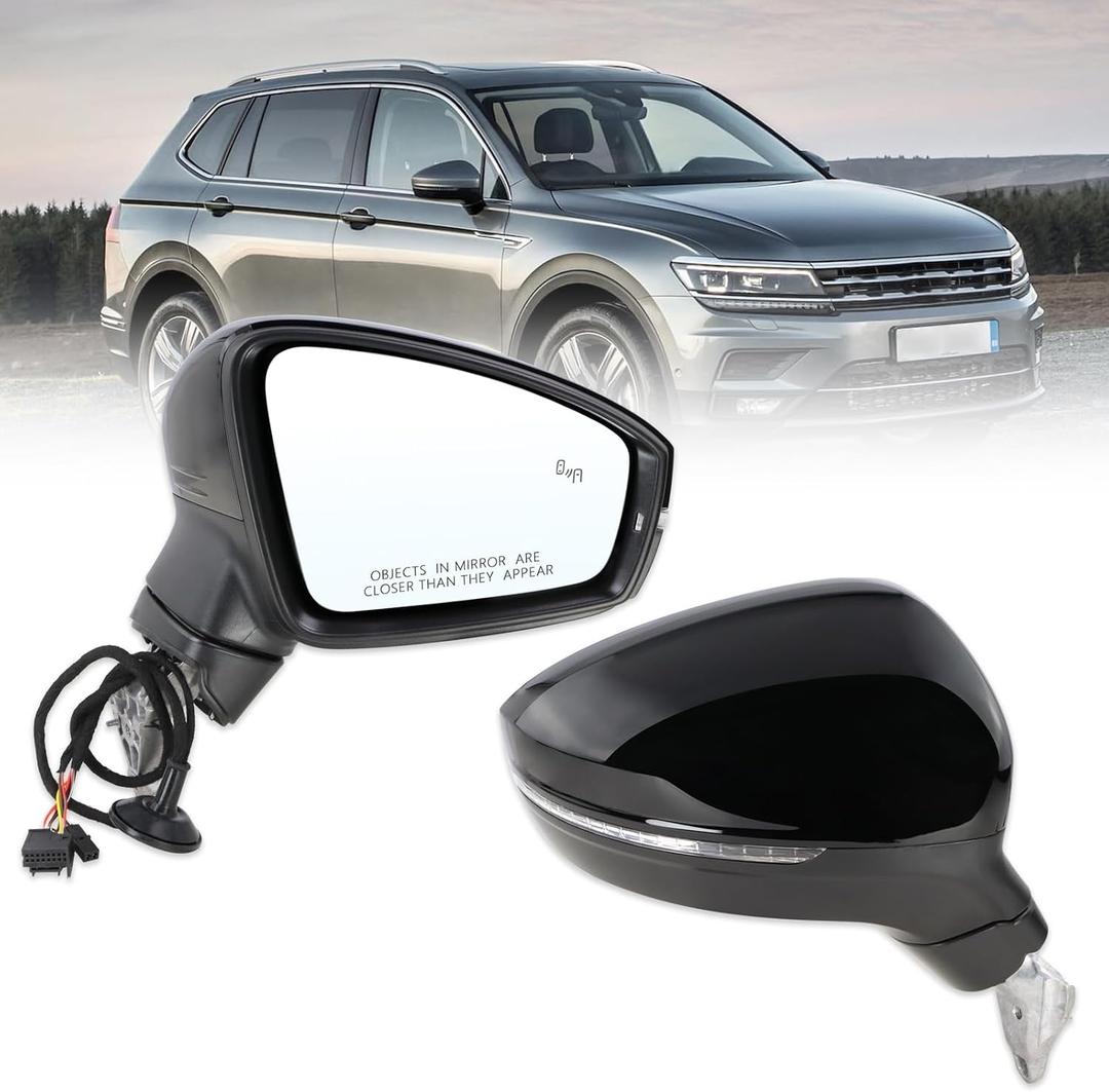 Right Passenger Side Mirror Compatible With 2018 2019 2020 2021 2022 2023 2024 2025 2026 VW Tiguan With Manual Folding Power Glass Heated Turn Signal Blind Spot Black Replace#5NA949146(6+2Pins)