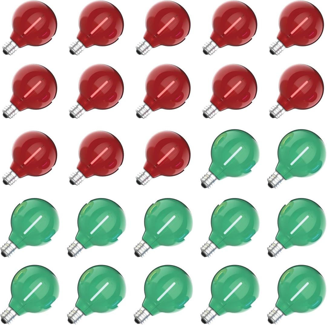 Meconard G40 Colored LED String Light Bulbs, Shatterproof LED 1 Watt Globe Replacement Bulbs, E12/C7 Candelabra Base,Red Light Bulb Green Light Bulb, 25 Pack