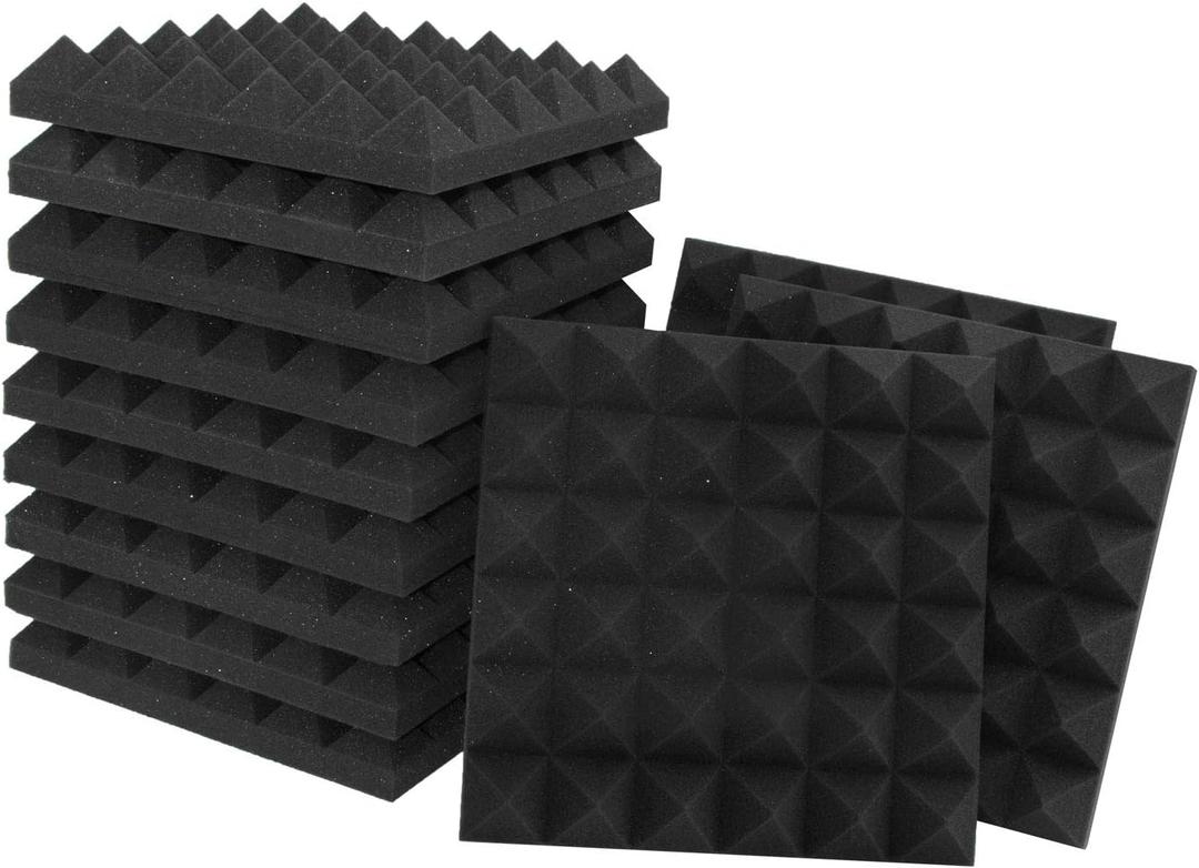 Acoustic Panels - 12 Pack 12x12x2 Inches Black Pyramid Acoustic Foam, Fire-Proofed Soundproof Wall Panels, 25kg/CBM Sound Proof Foam Panels Sound Panels for Recording Studio and Music Room