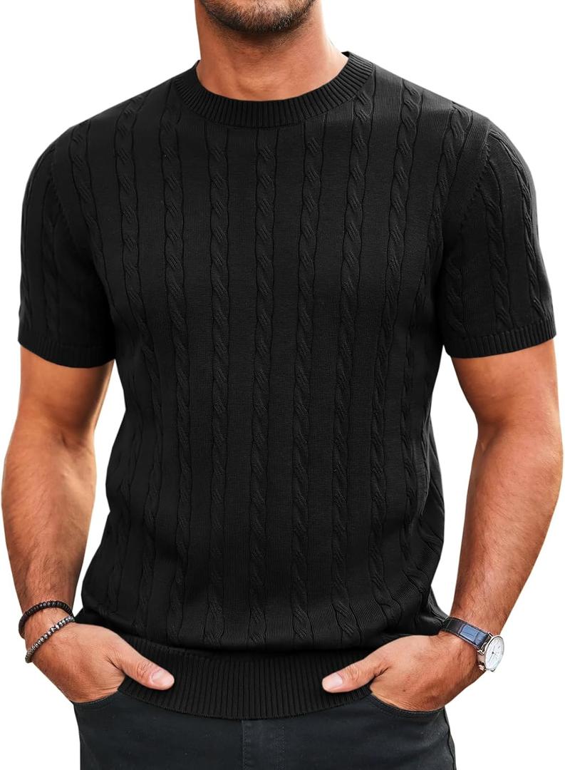 Runcati Mens Knit Short Sleeve T Shirts Casual Crewneck Slim Fit Shirt Cable Knitted Stretch Pullover Tees (Medium, Black)