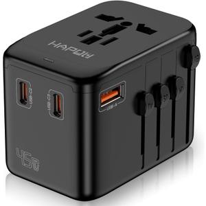Universal Travel Adapter, GaN 45W International Power Adapter, 3 USB-C & 1 USB-A Fast Charging Travel Charger, All in One Worldwide Travel Plug Adapter, Outlet Adapter for Europe UK USA AU, Black