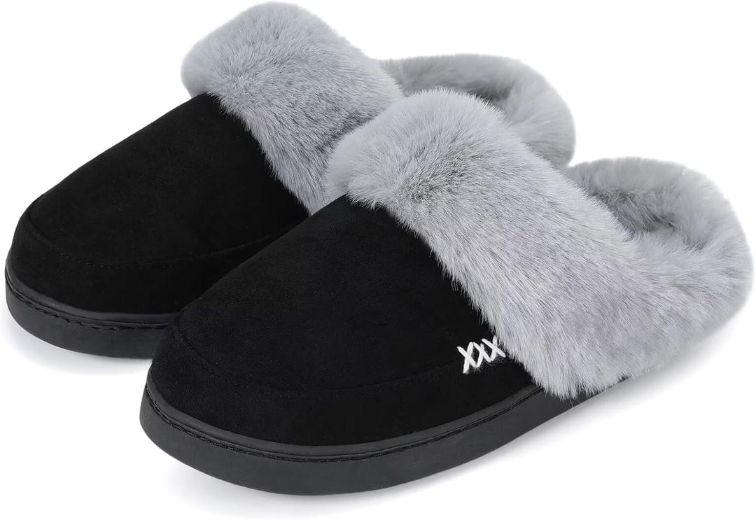 NineCiFun Women's and Men's Suede House Slippers Slip on Fuzzy Slippers with Faux Fur Lining Indoor Outdoor Home Shoes with No-slip Sole (9-10 Women/7-7.5 Men, Black)