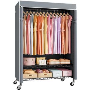 ULIFHOME P6C Plus Rolling Clothes Rack with Cover, Covered Clothing Rack Heavy Duty, Portable Closet for Hanging Clothes, Garment Rack on Wheels, Black Closet Rack with Gray Cover, Max Load 375LBS