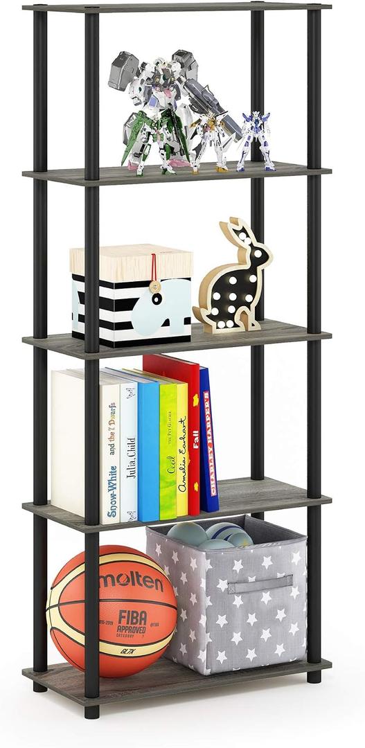 Furinno TURN-N-TUBE Storage Shelves, 5-Tier Book Shelf, Corner Shelf, Toolless Open Shelves, for Organization and Storage, Living Room, Garage, Home Office, French Oak, 5-Tier Round Tube