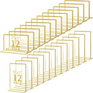 Hoteam 24 Pack Gold Acrylic Sign Holders, Gold Picture Frame, Clear Wedding Table Number Double Sided Acrylic Stand for Wedding Restaurant Photo Menu Art Event Display(5 x 7 Inch,Horizontal,Vertical)