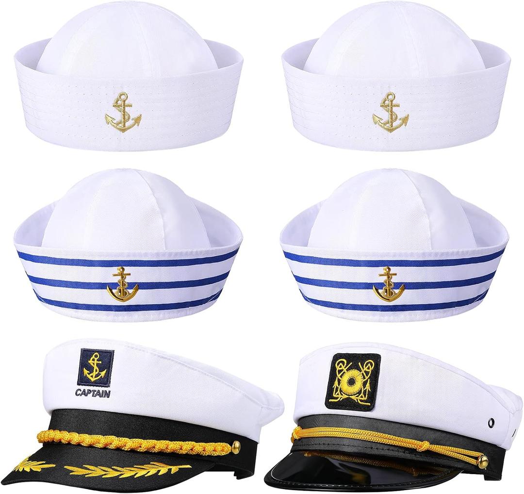 SATINIOR 6 Pieces Yacht Captain Sailor Hat Navy White Ship Boat Caps Costumes for Halloween Dressing up Party Adult Men Women