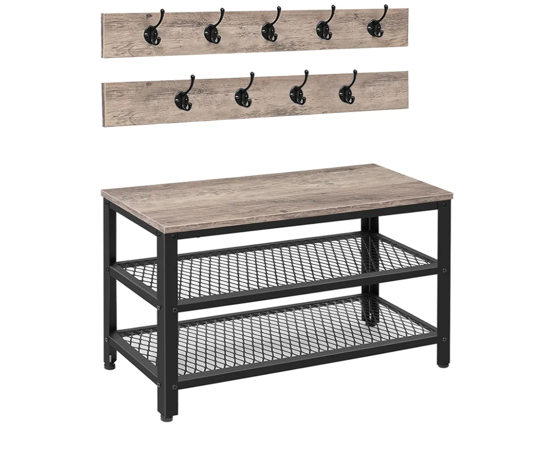 HOOBRO Hall Tree Entryway Storage Bench, Coat Rack Shoe Bench, Shoe Rack Organizer with Coat Hooks, 3-in-1 Design, Wooden Furniture with Metal Frame, Greige and Black BG17MT01