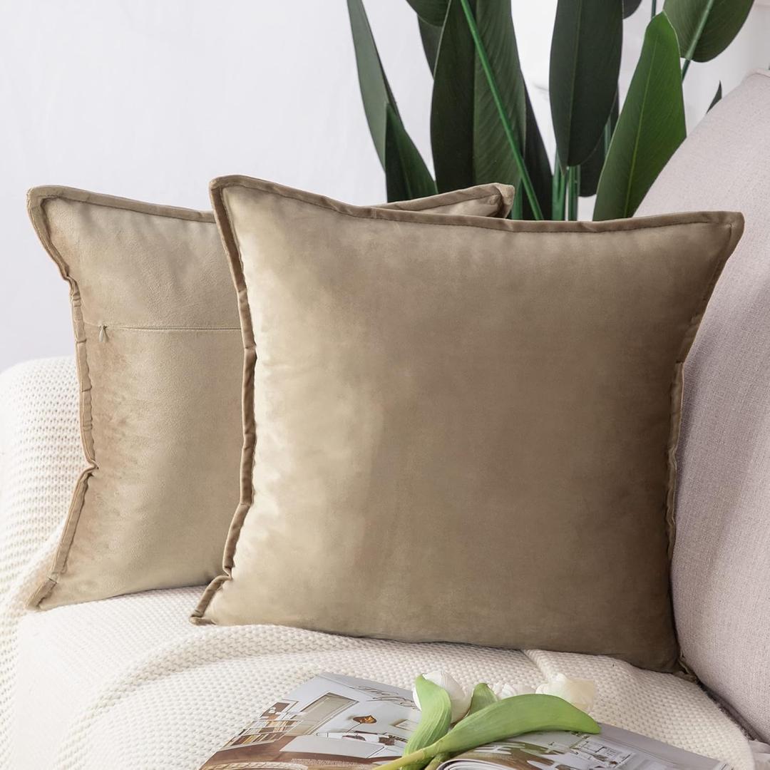 MADIZZ Set of 2 Super Soft Velvet Decorative Throw Pillow Covers 24x24 inch Light Brown Square with Fringe Luxury Style Cushion Case European Pillow Shell for Sofa Bedroom (24" x 24" (Pack of 2))