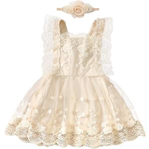 Newborn Baby Girl 1st Birthday Outfit Floral Lace Tulle Tutu Dress Cake Smash Boho Princess Toddler Summer Dresses (12-18 Months, Beige + Headband)