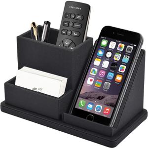 XNONE Pu Leather Desk Pen/ Pencil Organizer Multi-Function Cell Phone/ Remote Control Storage Box with 3 Compartments Office Supplies Sticky Note Tray Business Cards Holder, Black