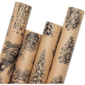 YANGTE Vintage Christmas Wrapping Paper Rolls, Brown & Black Wrapping Paper Christmas with Twine and Greeting Cards, 4 Rolls Holiday Gift Wrapping Paper, 17 x 120 inch per Roll