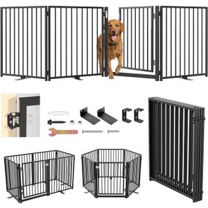 4 Panels 31" W x 104" H with Door, Metal Free Standing Dog Gate with Door, 31'' Tall Foldable Dog Fence for Indoor/Outdoor, for Large Openings, Stairs, Hallways, Doorways (Black)