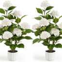3FT Artificial Hydrangea Tree 2 Pack, Realistic Faux Hydrangea Plants in Pot with White Flowers, Lifelike Faux Greenery Home Indoor Outdoor Front Porch Garden or Wedding, White