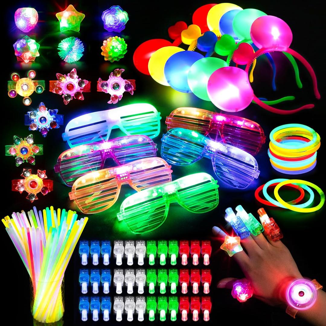 Mocoosy 103PCS Glow in the Dark Party Supplies, Light Up Party Favors for Kids 4-8 8-12, Neon Toys Bulk Party Pack With Glow Stick, Led Glasses, Spinner Bracelets, Finger Lights, Jelly Ring, Headbands