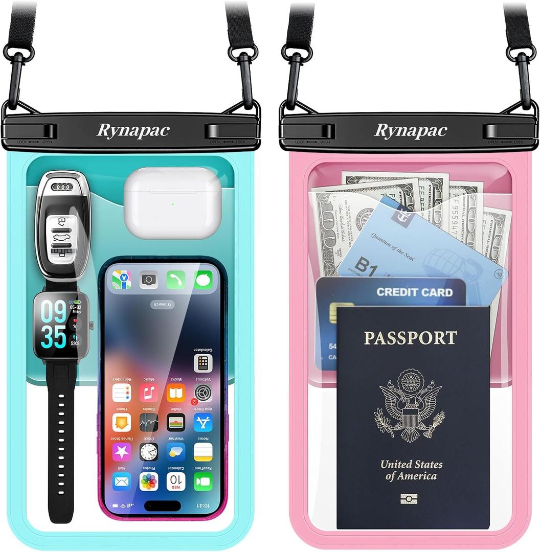 Rynapac [Up to 10" Large Waterproof Phone Pouch - 2 Pack IPX8 Waterproof Phone Case for iPhone 17 16 15 Pro Max Galaxy S26 Ultra, Touchscreen & Underwater Photography, Beach Cruise Travel Essentials