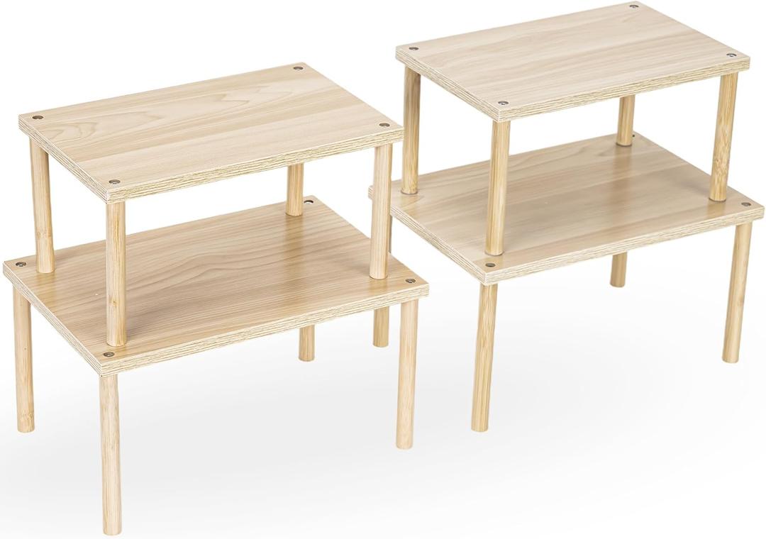 Wood Cabinet Organizer Shelf, Set of 4 Kitchen Counter Shelves, Stackable Plate Organizer for Cabinet, Pantry Cupboard Dish Mug Cup Storage Shelf