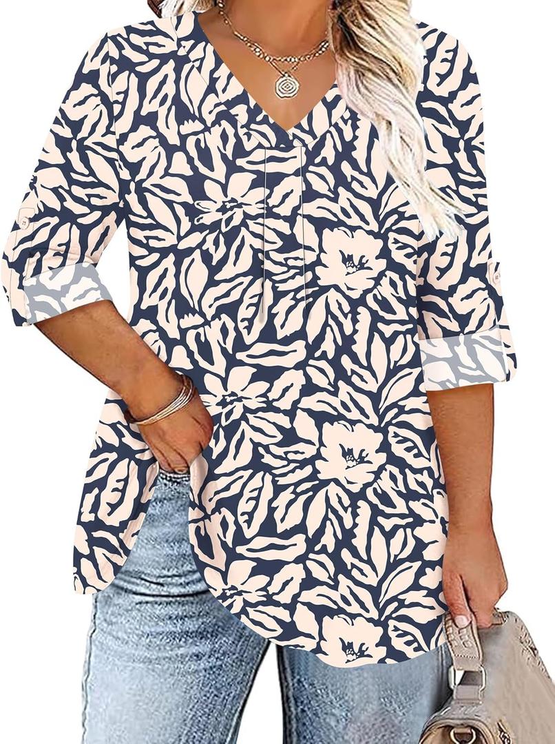 TFSDOD Plus Size Women Blouses 3/4 Sleeve Long Sleeve V Neck T Shirts Summer Business Casual 3XL