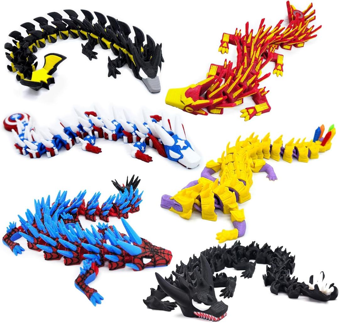 6Pcs 3D Printed Dragon, Colorful 3D Printed Flexible Articulated Dragon Fidget Toys for Home Office Desk Decor, Easter Basket Stuffers Dragon Toy Animals Party Favors for Kids