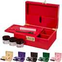 Lockable bamboo storage box with removable tray and partitioned wooden decorative storage box, including jars, brushes (red)