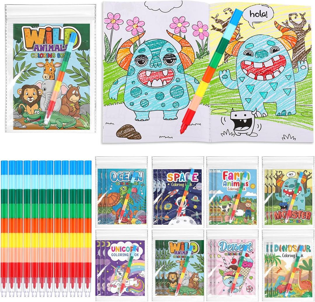 Fulmoon 24 Pack Assorted Coloring Books Bulk with 24 Crayons Dinosaur Animal Unicorn Space Mini Coloring Books Birthday Party Favors 24 Small Goodie Bag Stuffers Return Gift