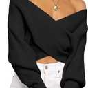 BTFBM Off The Shoulder Sweater for Women Winter Fall Fashion 2026 V Neck Long Sleeve Ribbed Knit Wrap Cropped Sweaters (Large, Black)