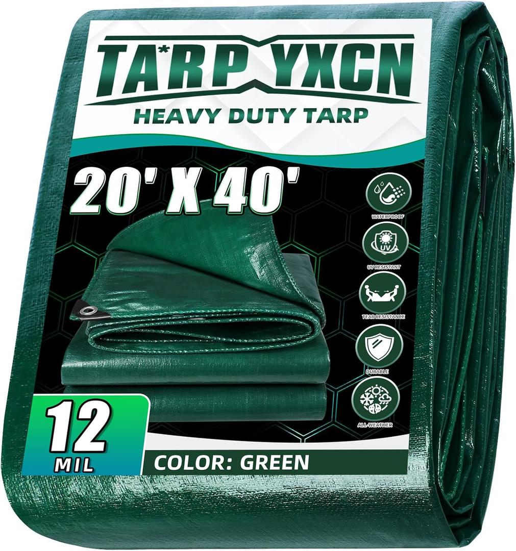 Green Heavy Duty Tarp 20x40 Feet, 12 Mil Thick Waterproof Poly Tarps Cover UV Resistant, Rip & Tear Proof with Metal Grommets Every 20 Inches