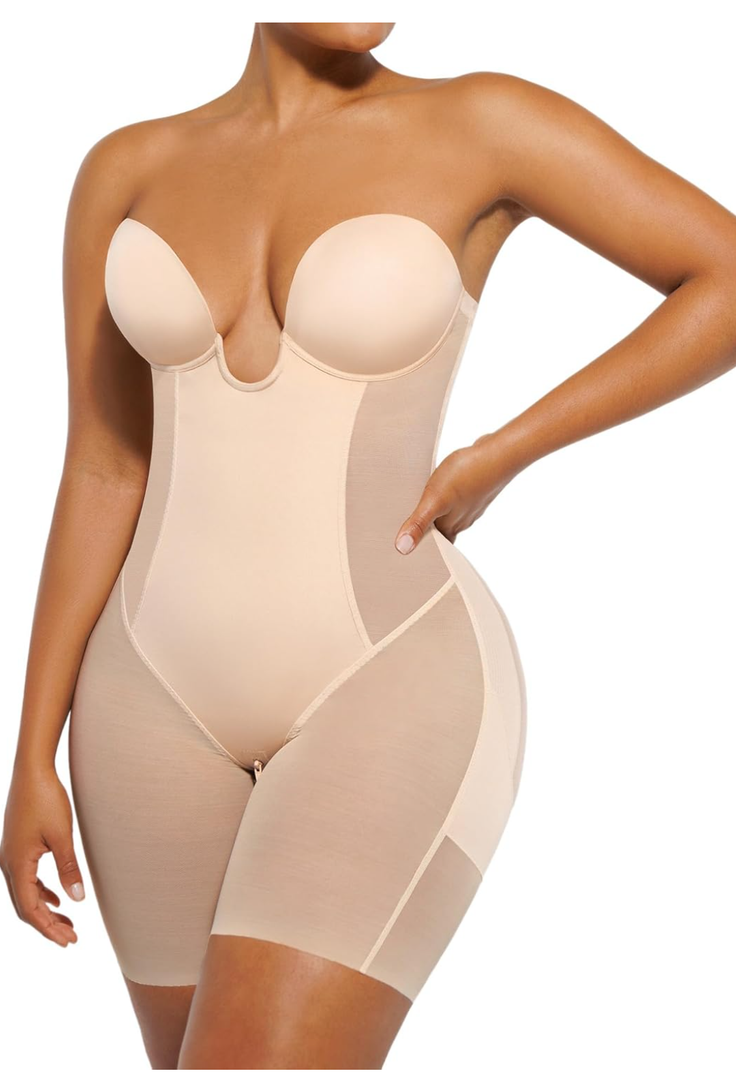SHAPELLX Strapless Shapewear for Women Deep Plunge Corset Tummy Control Backless Bodysuit Mid Thigh Full Body Shaper,XXL