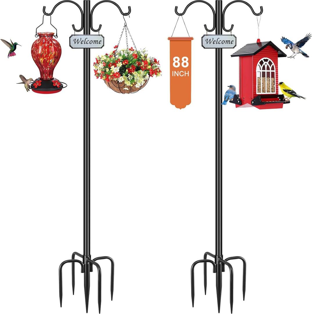 Heavy Duty Double Shepherd Hooks for Outdoor 1-in Dia with 5-Prong Base, 88inch Adjustable Decorative Metal Bird Feeder Pole for Hanging Bird Nest, Plant Basket,Lantern,Solar Light 2 Pack