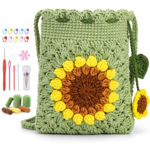 Fedmut Crochet Kit for Beginners - Phonebag Crochet Starter Kit with Video Tutorials and Yarns, Hook, Accessories for Adult Knitting Craft DIY (Green)