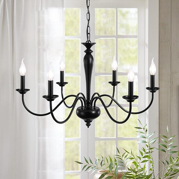 QAREHL Farmhouse Chandelier 6 Light Black Chandeliers for Dining Room Lighting Fixtures Hanging, Kitchen Island, Rustic Industrial Iron Chandeliers for Foyer, Living Room, Bedroom