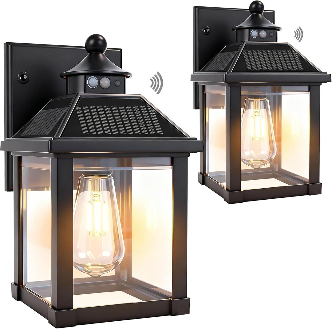 CYHKEE Solar Wall Lights Outdoor Large Size Solar Porch Sconce Lights Motion Sensor with 3 Lighting Modes Dusk to Dawn - Waterproof Lantern Fixture for Front Door Garage Porch Yard Fence (2 Pack)