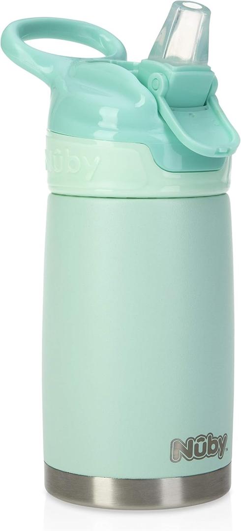 Nuby Thirsty Kids No Spill Flip-It Reflex Stainless Steel Travel Cup or Water Bottle - 10 Oz - 18+ Months - Aqua Mint