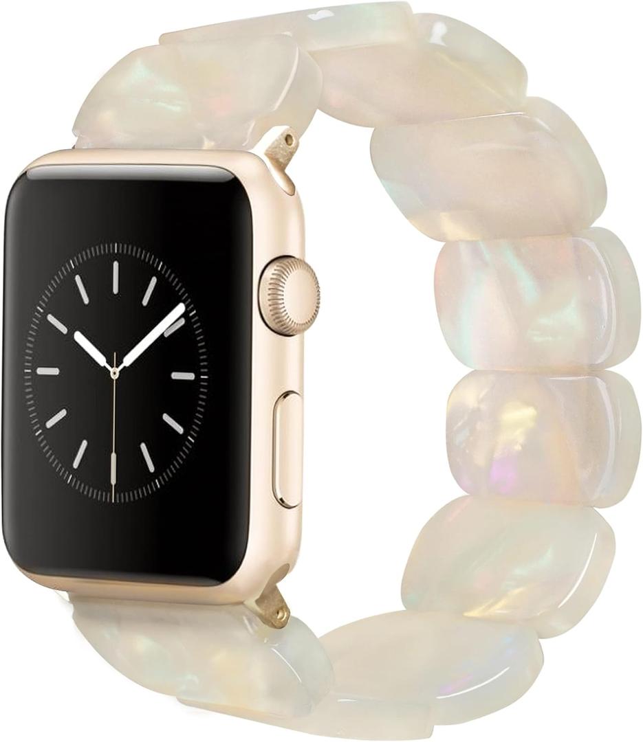 Heesch Tortoise Stretchy Watch Band Compatible with Apple Watch Serise Ultra/SE/8/7/6/5/4/3/2/1, Resin Cute Watch Strap Wristband for iWatch Bracelet for Women Men Girls, 38/40/41mm, 42/44/45/46/49mm, Oval Version (Ivory White)