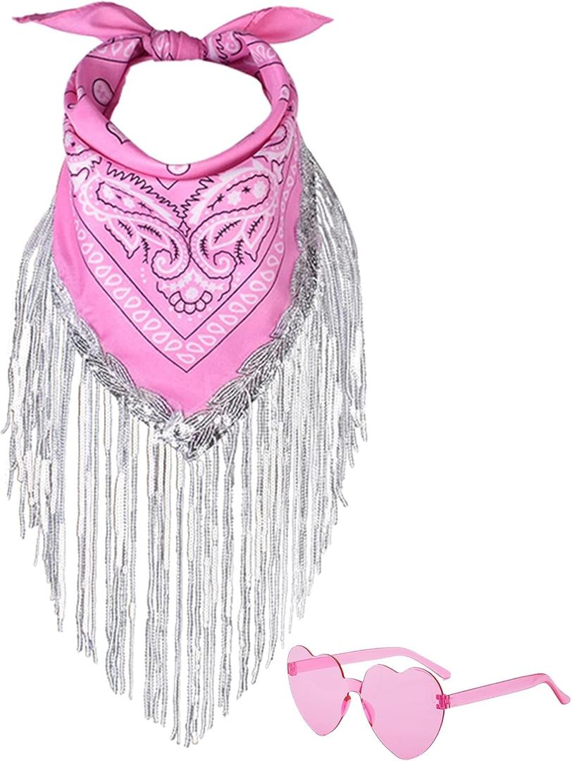 Fringe Rhinestone Bandana with Heart Sunglasses, Disco Cowgirl Bachelorette (Pink)