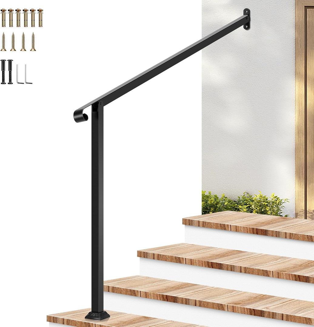 VIVOSUN Outdoor Handrail, 4 Step Stair Handrail, 48" x 39" Fits 1 to 4 Steps, Wrought Mattle Iron Stair Railing with Single Curved End for Concrete Steps, Porch Steps, One-Step Assembly, Black