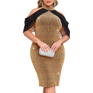 ZOMVA Plus Size Sparkly Party Dress Bodycon Halter Neck with Cape Cocktail Glitter Formal Club Night Out (Gold & Black) L