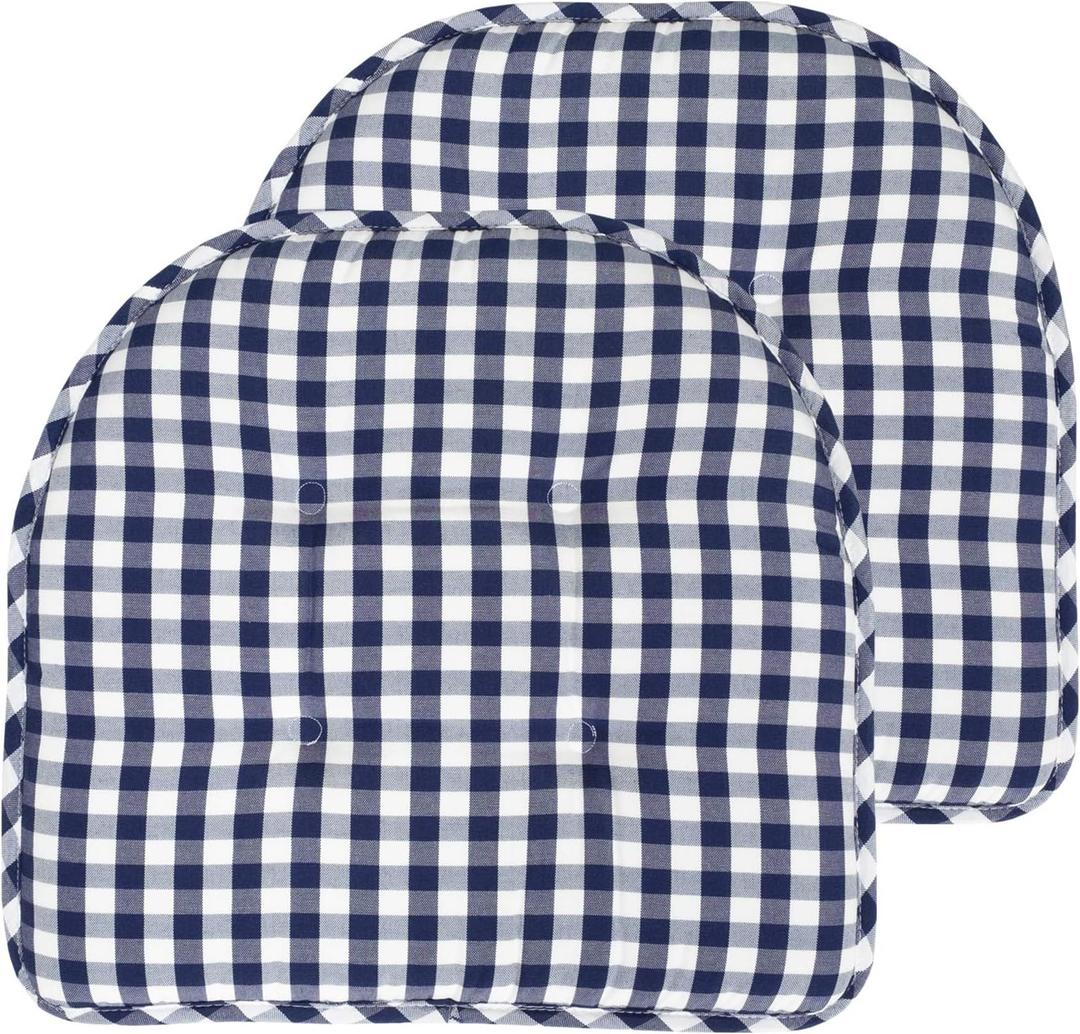 Sweet Home Collection Chair Cushion Memory Foam Pads Tufted Slip Non Skid Rubber Back U-Shaped 17" x 16" Seat Cover, 2 Count (Pack of 1), Checkered Navy/White