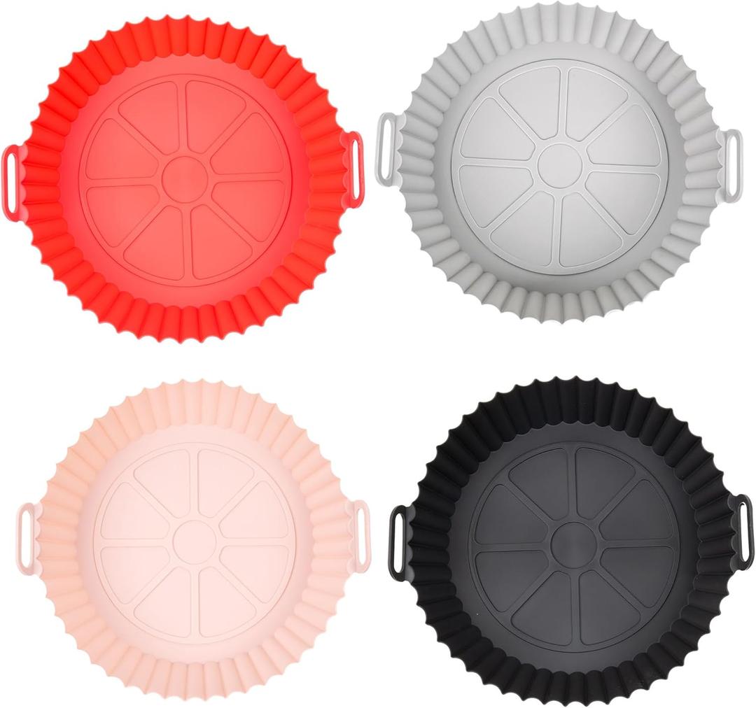 4pcs Round Air Fryer Liners - Reusable Silicone Air Fryer Liners for Easy Clean-Up, Perfect Air Fryer Accessories, Non-Stick Air Fryer Silicone Liners for Mess-Free Cooking and Healthy Meals (PINK+BLACK+RED+GREY)