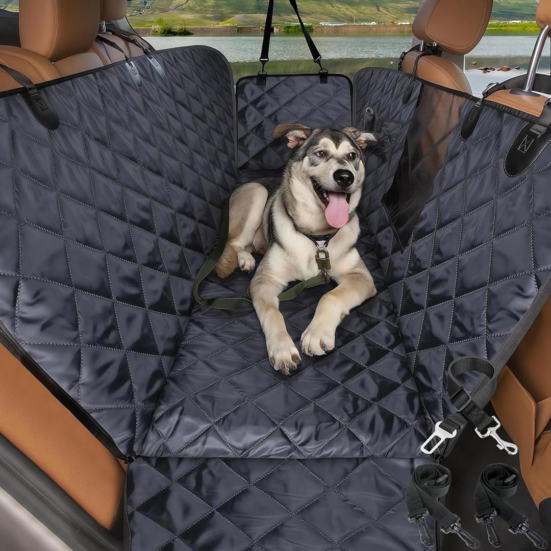 Dog Car Seat Cover for Back Seat with Mesh Window - Waterproof Dog Hammock for Car with Side Flaps, Car Door Protection - Nonslip, Scratchproof Pet Rear Seat Cover for Cars, SUVs, Trucks(Black) (Standard)