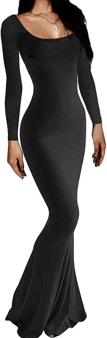 Womens Spaghetti Strap Bodycon Backless Maxi Dress, Color: Long Sleeve Black, Small