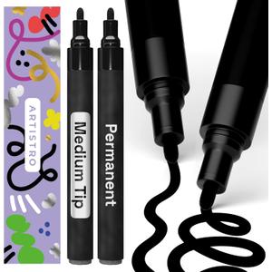 ARTISTRO 2 Black Permanent Marker - Waterproof Markers for Tire, Fabric, Rocks, Glass, Ceramic, Wood, Paper - Oil Based Paint Pens - Medium Tip 3mm