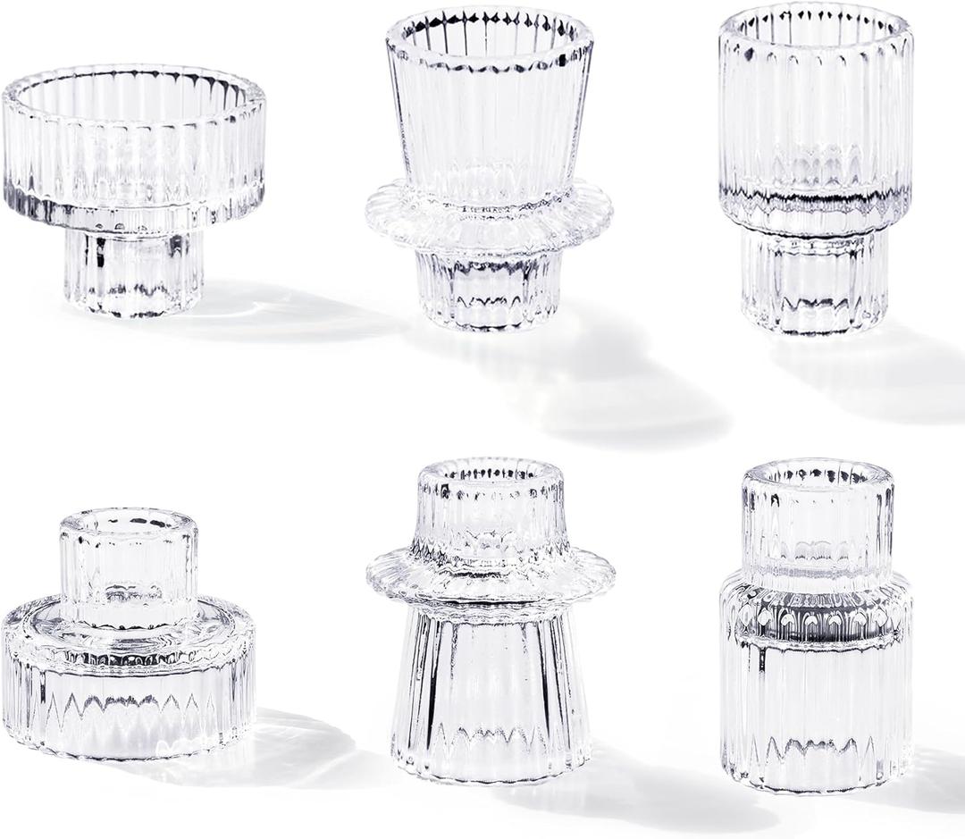 Candlestick Holders Set of 6, Ribbed Glass Taper Candle Holders, Reversible Clear Tealight & Candle Stick Candle Holder Vintage Crystal Tealight Candle Holder for Wedding Dinner Party (Medium)