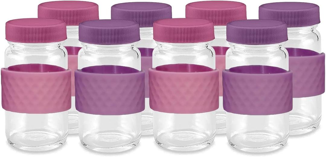 Glass Juice Shot Bottles with Caps, Clear, 2oz, Colored Lids & Silicone Grip Bands, Beverage Storage, Juicing, Ginger & Turmeric Bottles (Pink & Purple)