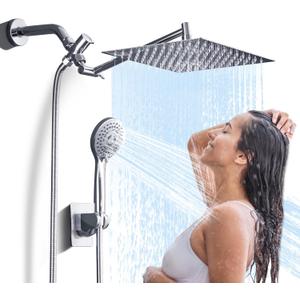 Premium Rainfall Shower Head High Pressure with Handheld Spray Combo, 10" Square Rain Shower System, Anti-Clog Nozzles, 304 Stainless Steel & Brass, Flexible Extension Arm, Showerhead for Bathroom